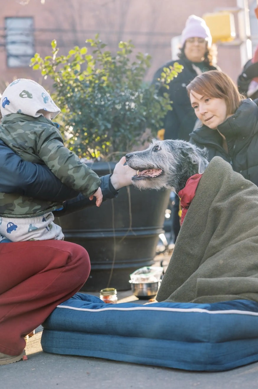 A woman with a child in her arms is petting a dog