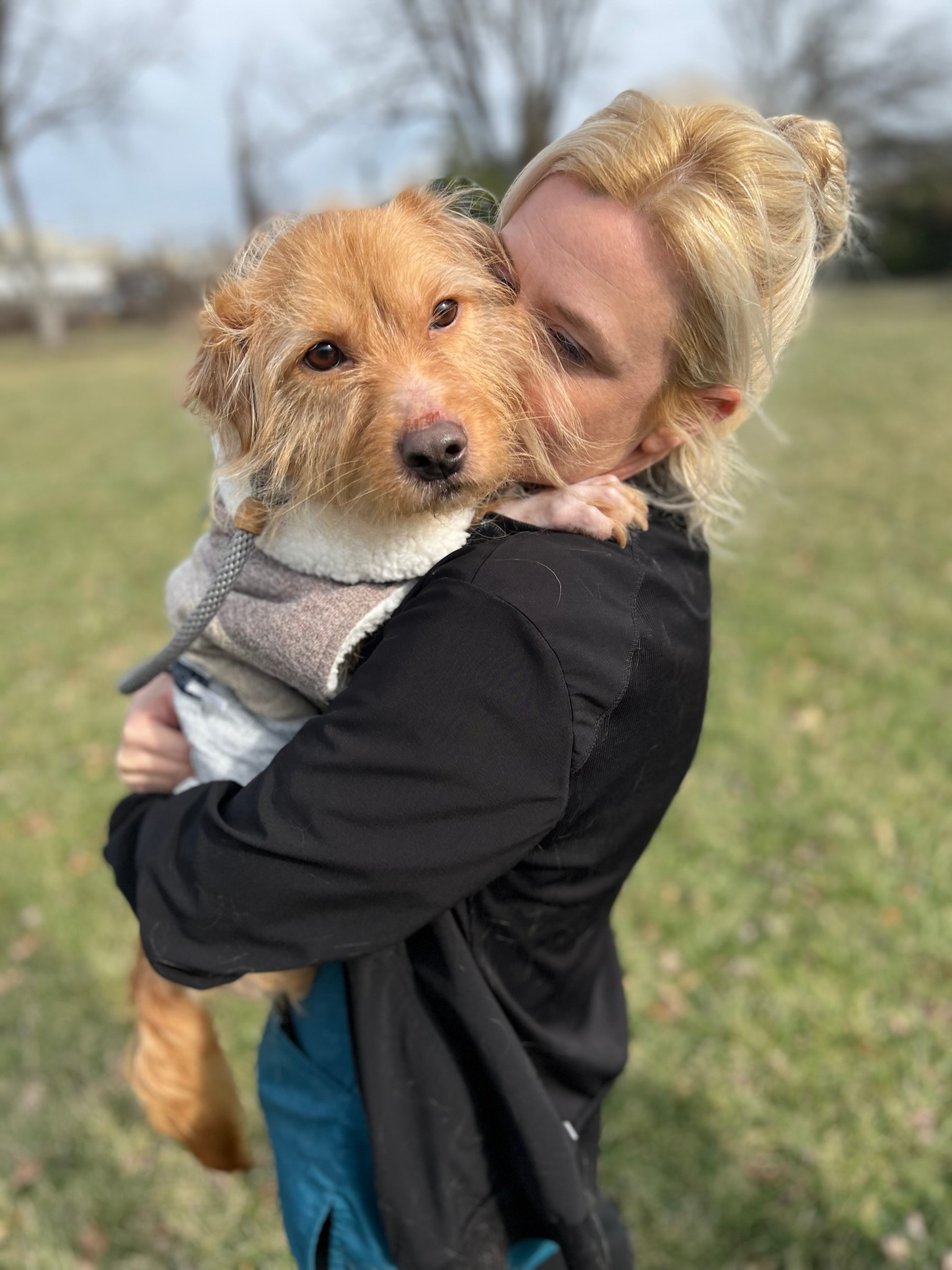 blonde woman holding an adopted dog