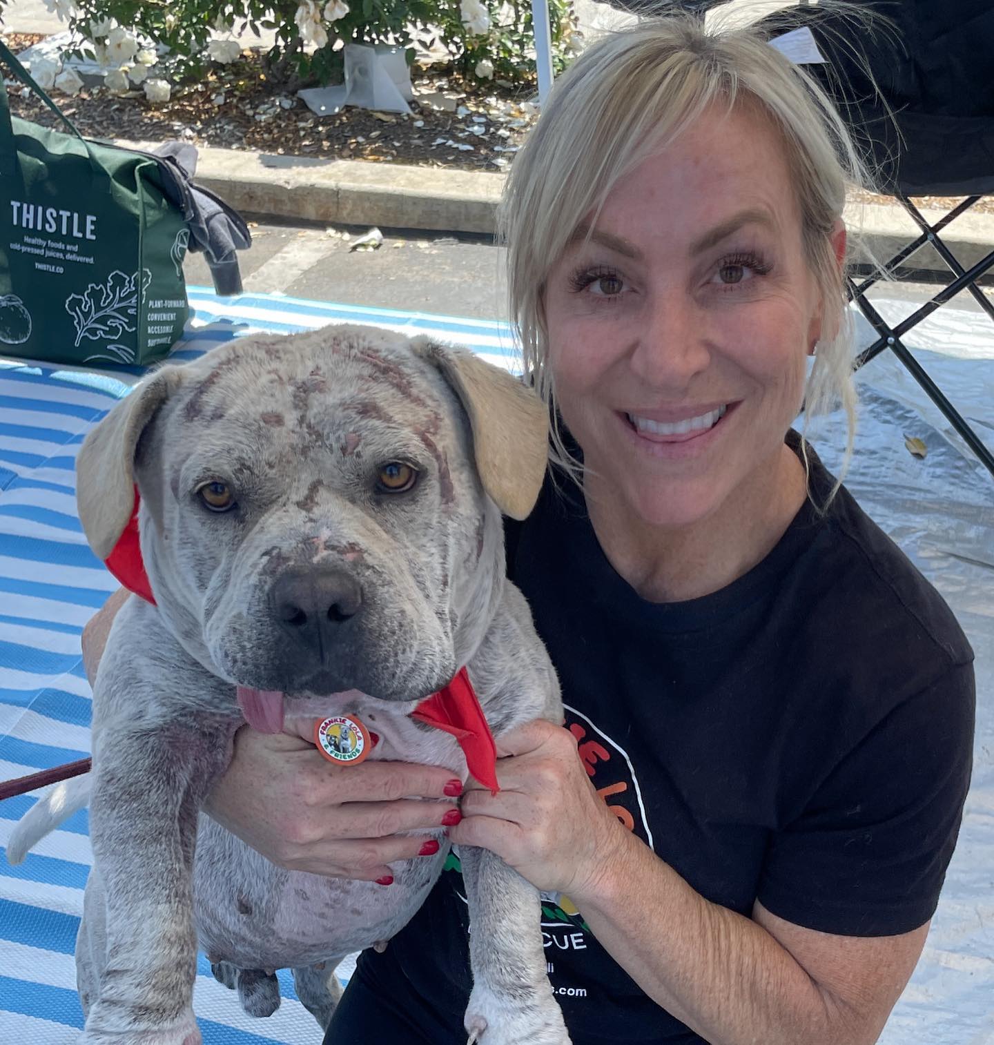 blonde woman holding a dog