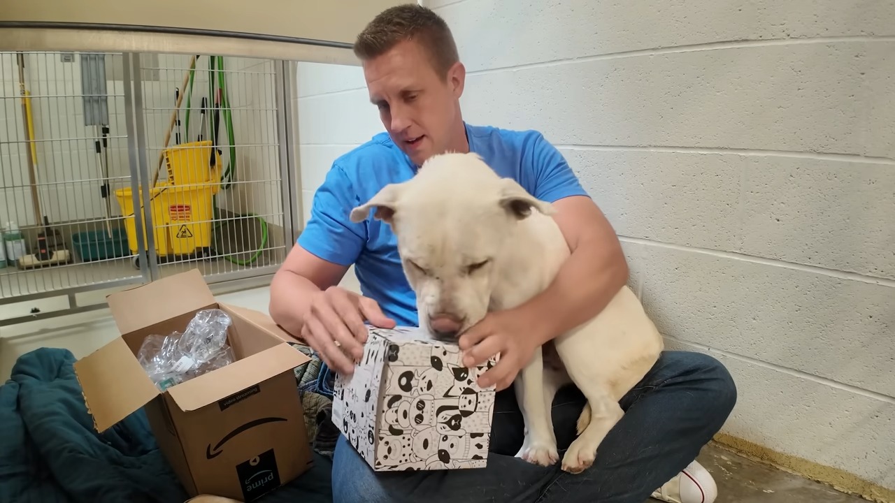 man holding a dog and a box