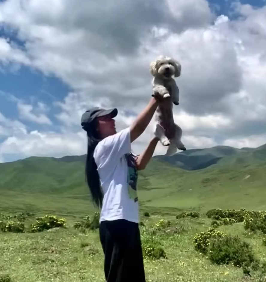 woman holding up the dog