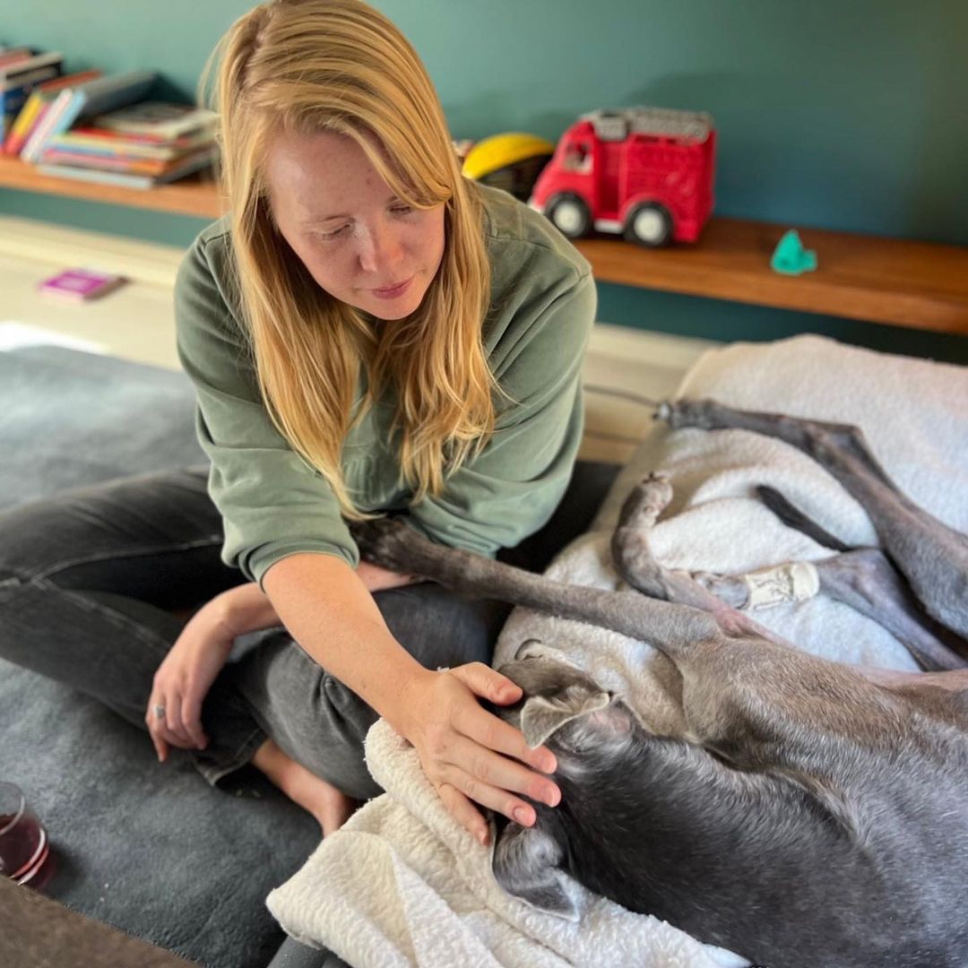 woman petting the dog