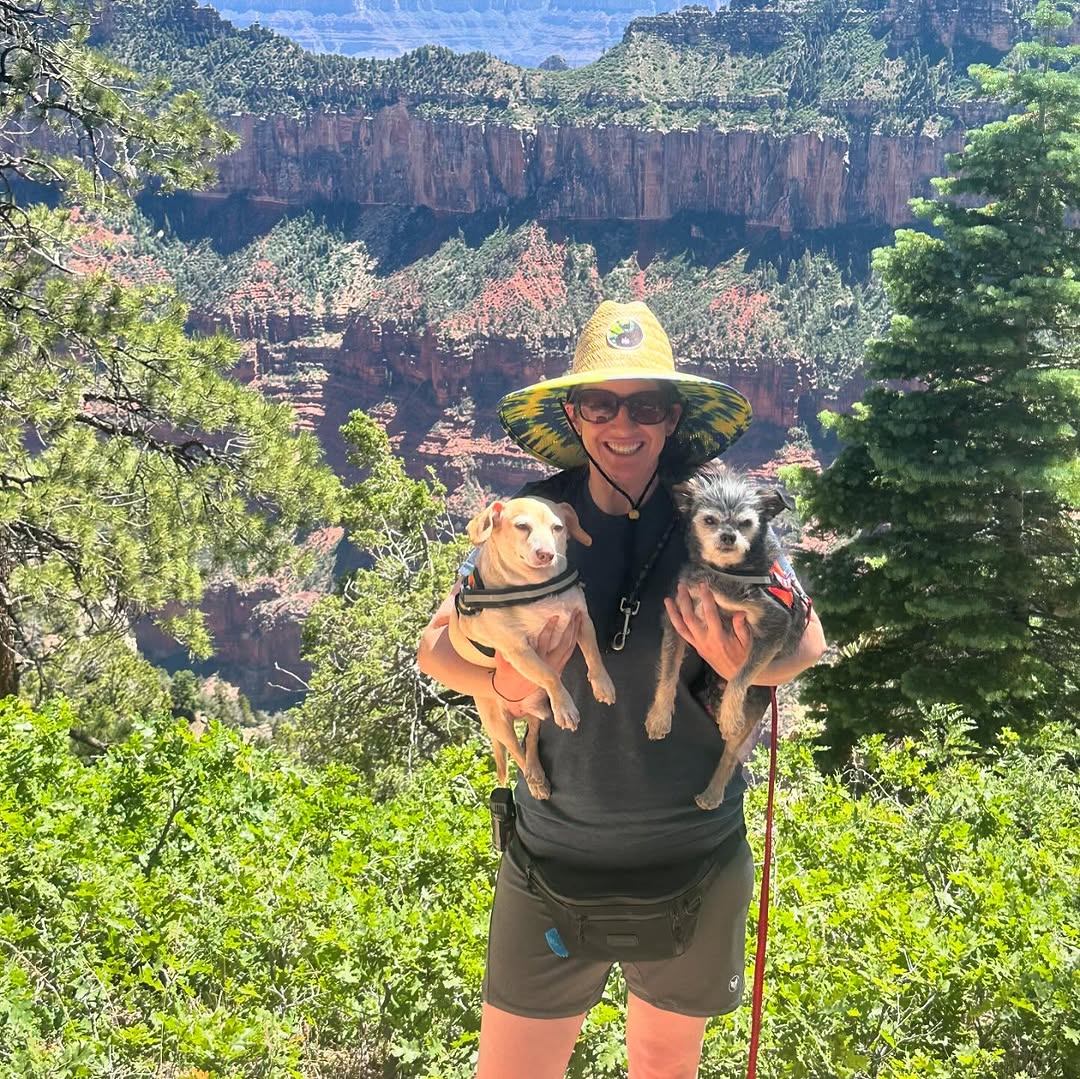 Woman holding two dogs