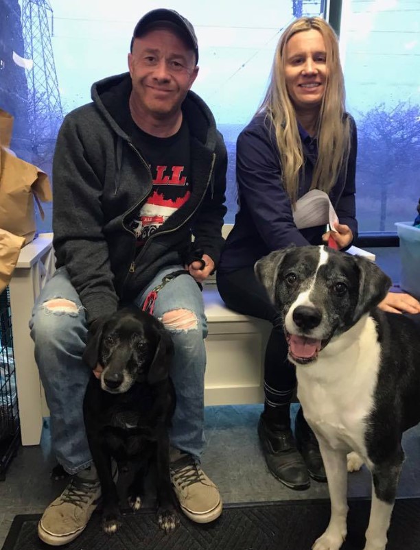 a man and a woman keep their dogs on a leash