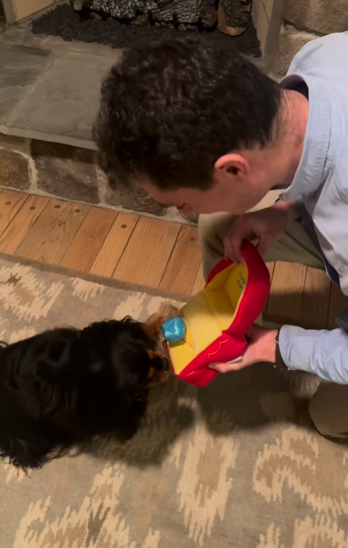 man and very cute black dog