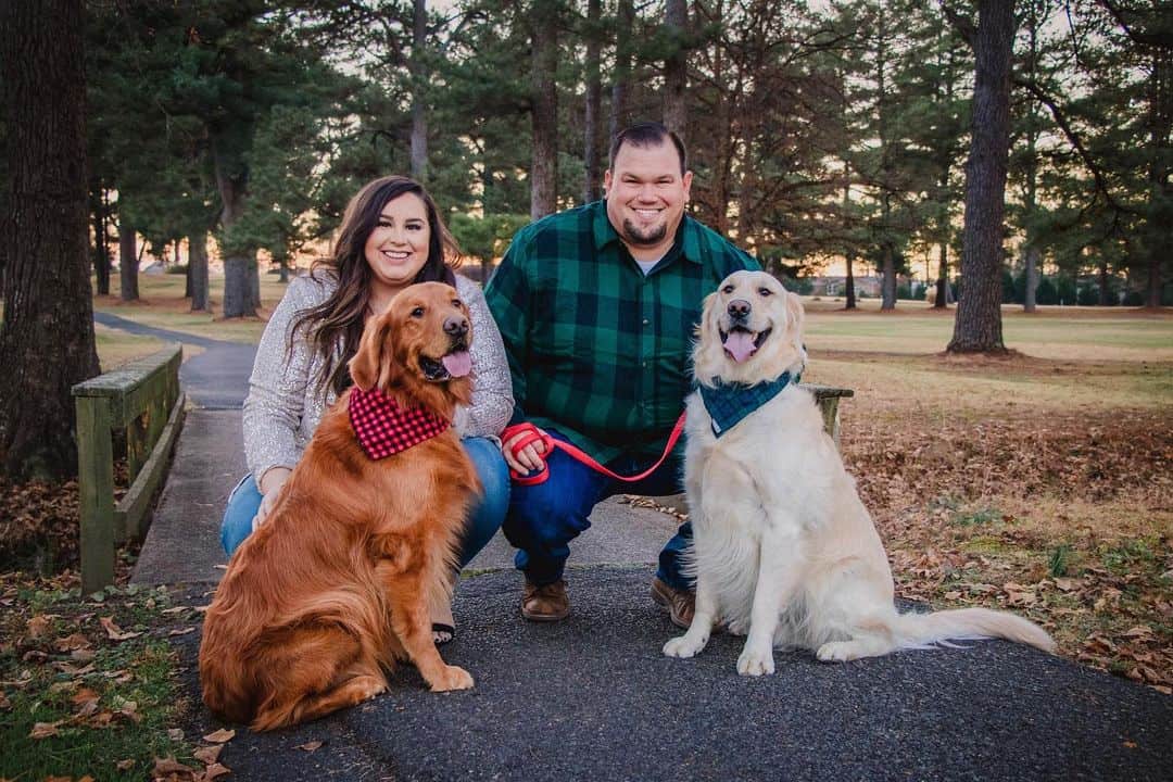 man and woman with two golden retrievers