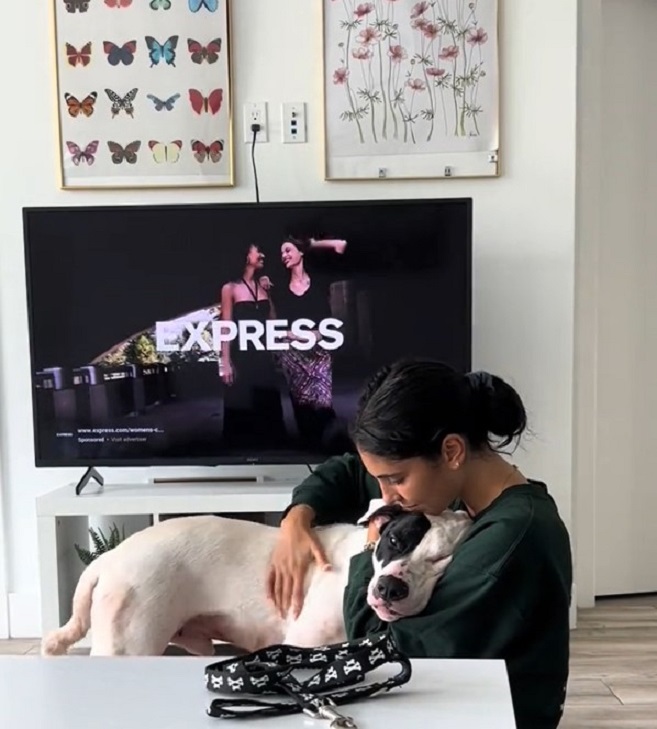 woman hugging with dog at home