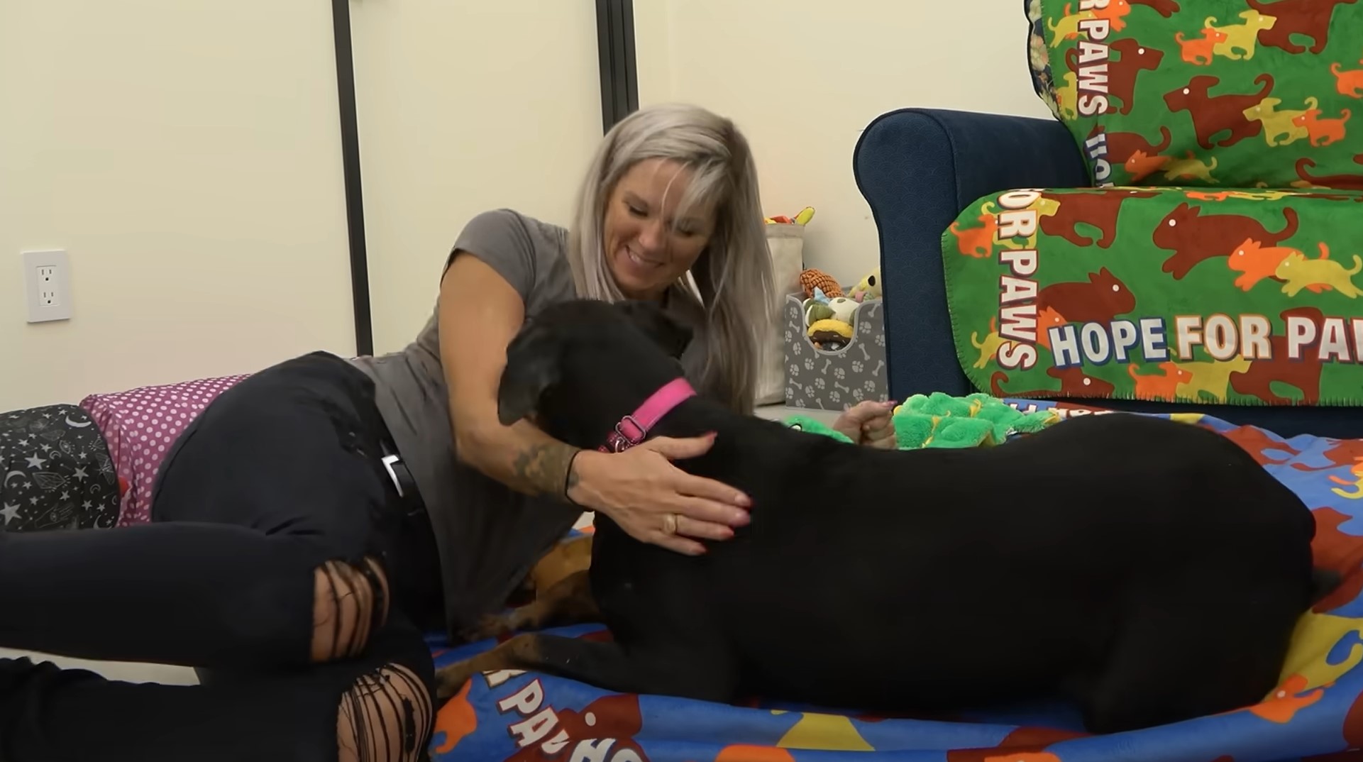 woman plays with doberman